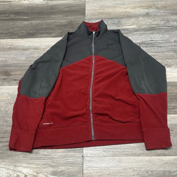 Nike Therma Fit Gray Red Mens XL Full Zip Swoosh Embroidered Color Block Hoodie - Picture 1 of 8